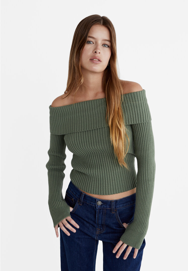 Stradivarius Schulterfreier Strickpullover Khaki XL