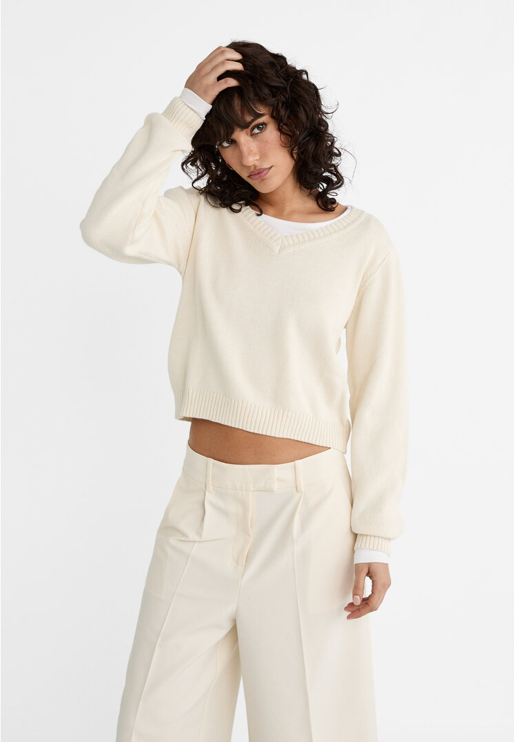 

Stradivarius Basic-Strickpullover Ecru M