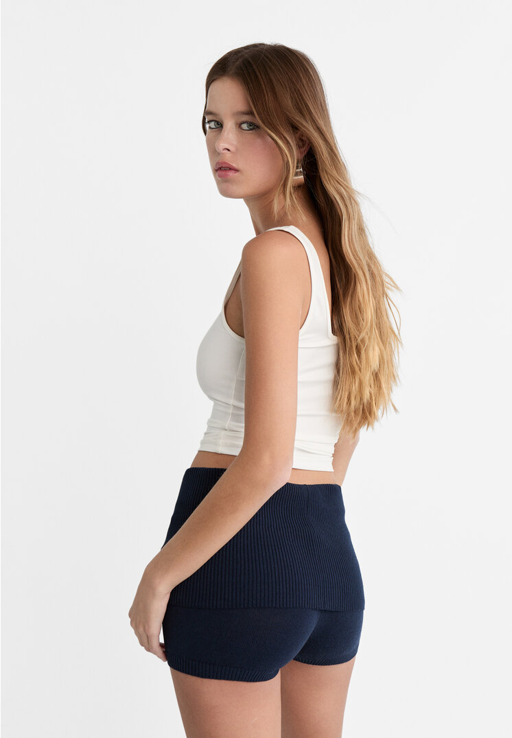 Stradivarius Knit shorts with fold-over waist  Navy blue S