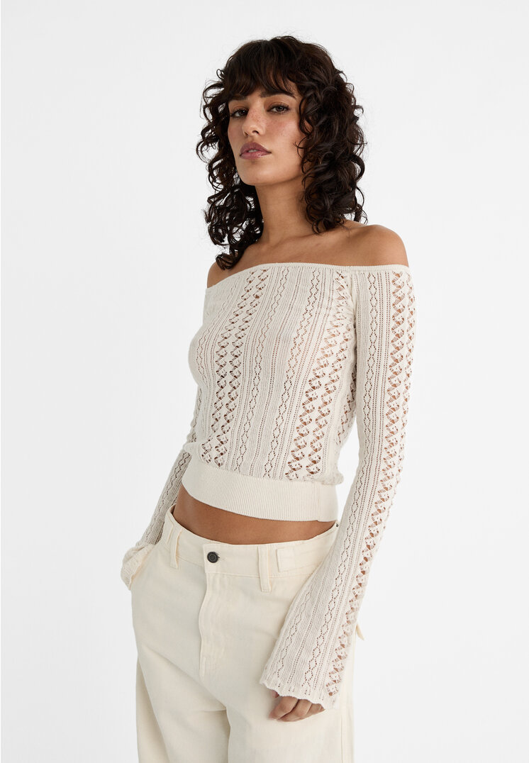 

Stradivarius Pullover lockeres Strickmuster schulterfrei Ecru XS