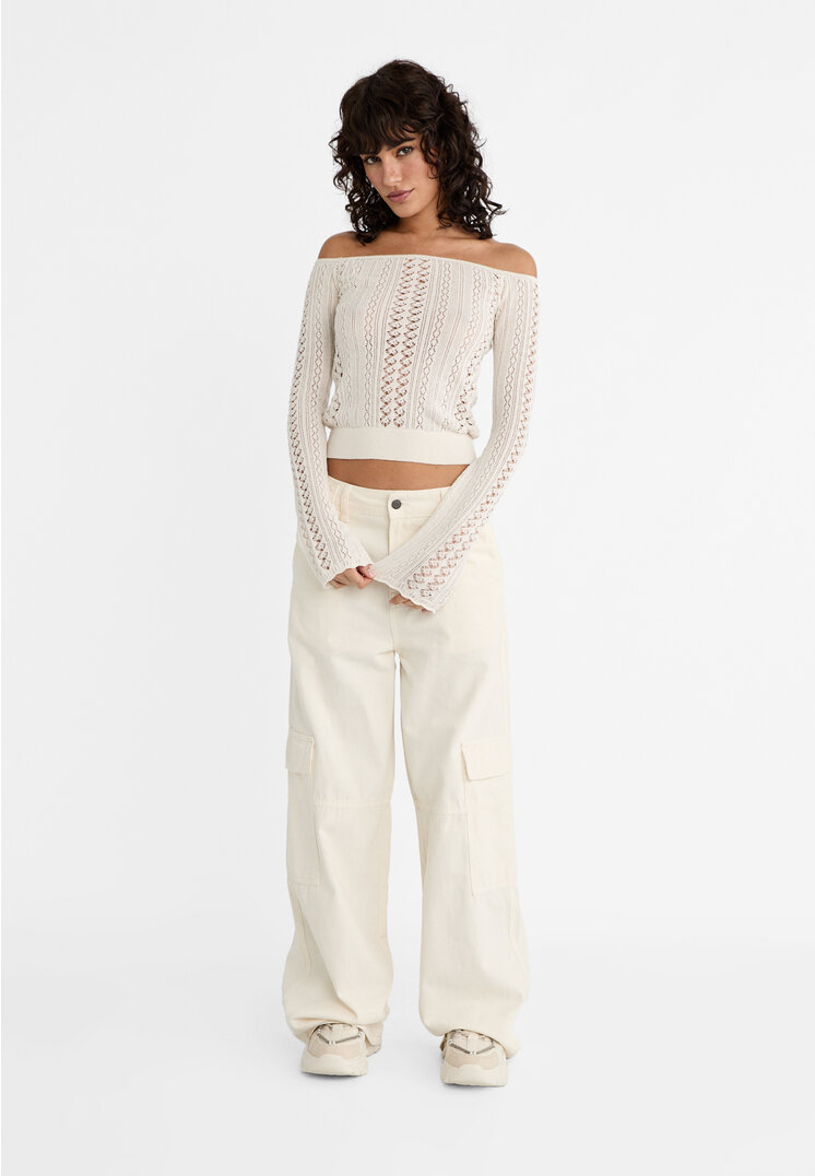 Open-knit off-the-shoulder sweater