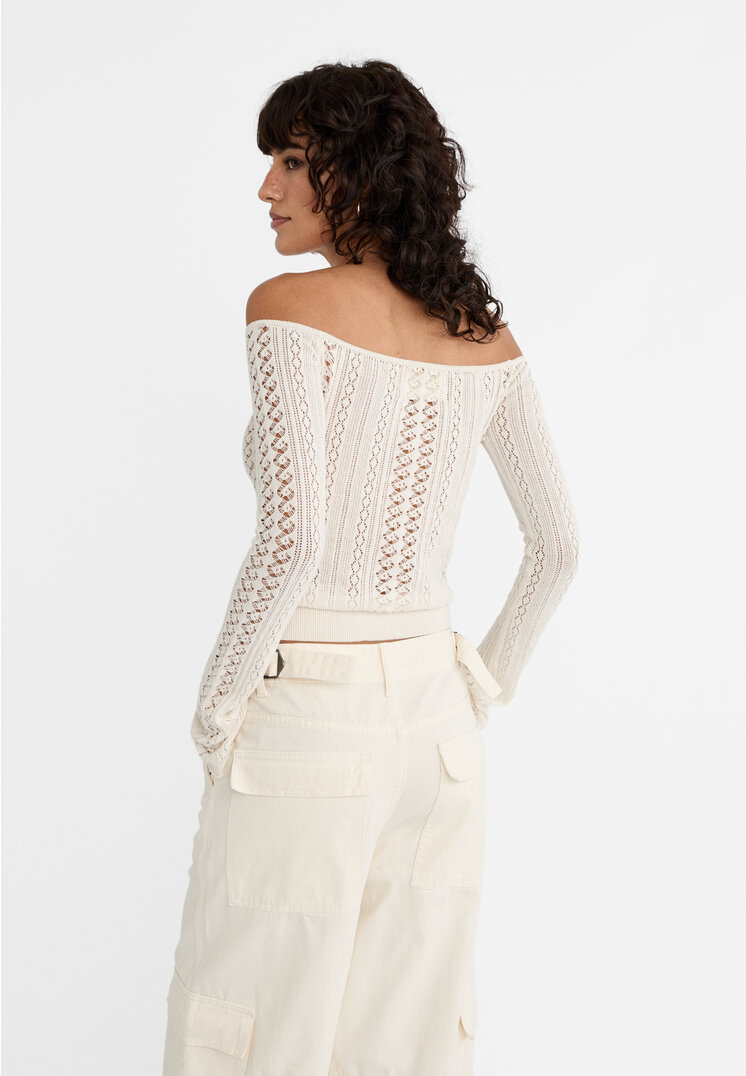 Open-knit off-the-shoulder sweater