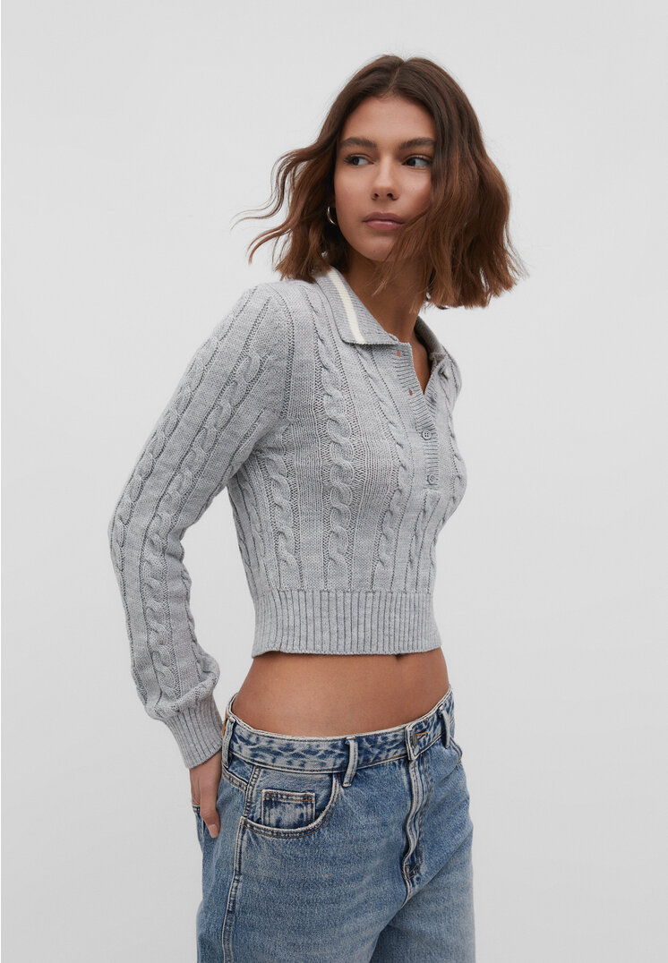 

Stradivarius Sweter polo ze splotem warkoczowym Popielaty L