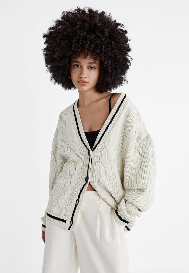 

Stradivarius Kardigan oversize z dzianiny z paskami Ecru XS