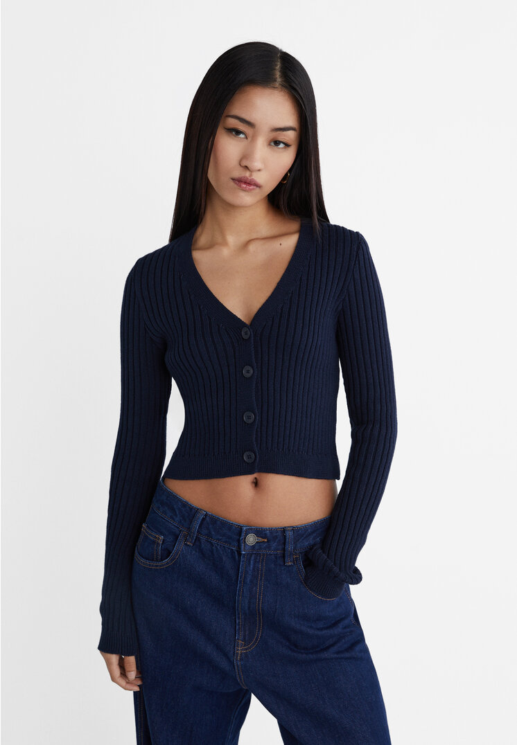 Stradivarius Strickjacke mit Rippmuster Marineblau L