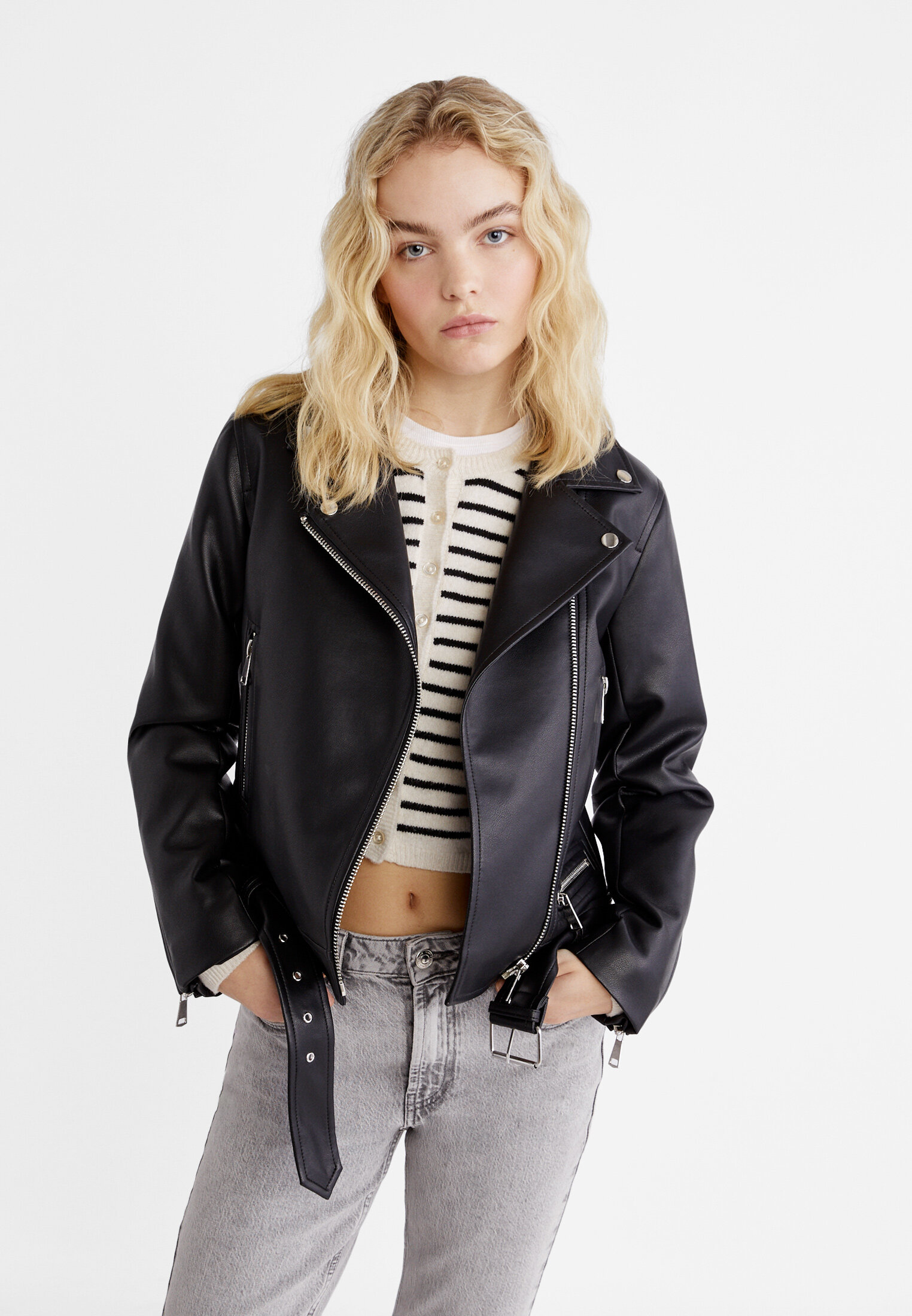 Faux leather biker shop jacket with belt