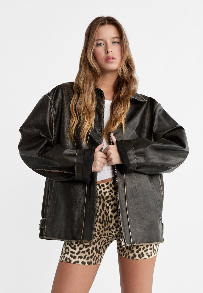 Leather effect jacket with seam details Women's null Stradivarius Luxembourg