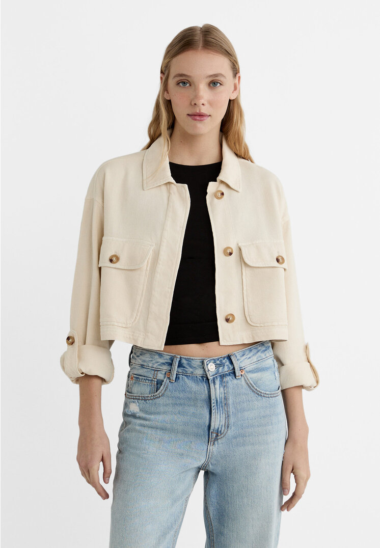 Stradivarius Short twill jacket with pockets Ecru L Recommend