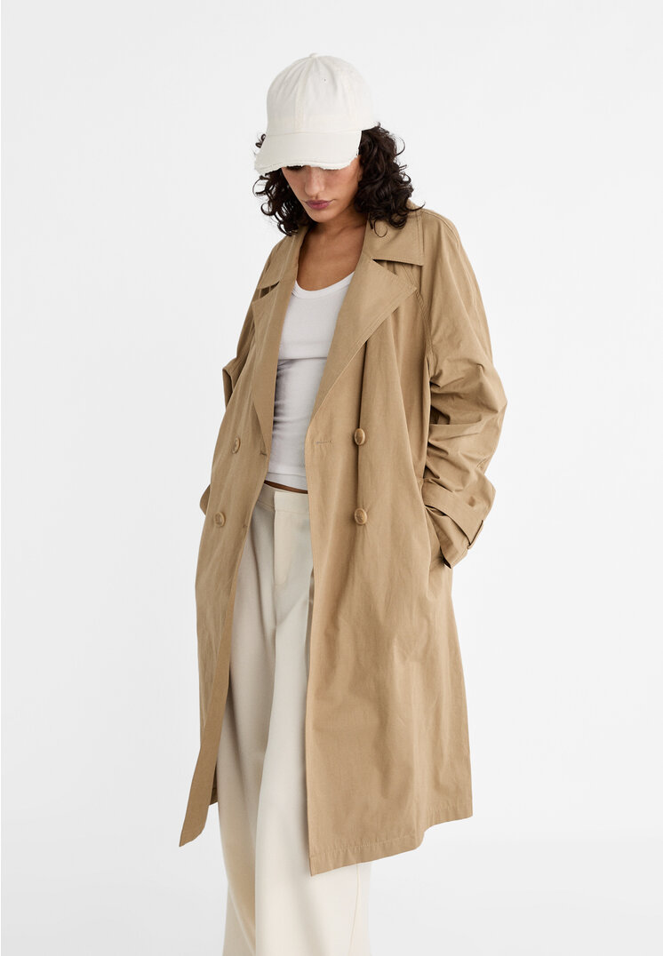 

Stradivarius Trenchcoat lang zweireihig Karamell XS