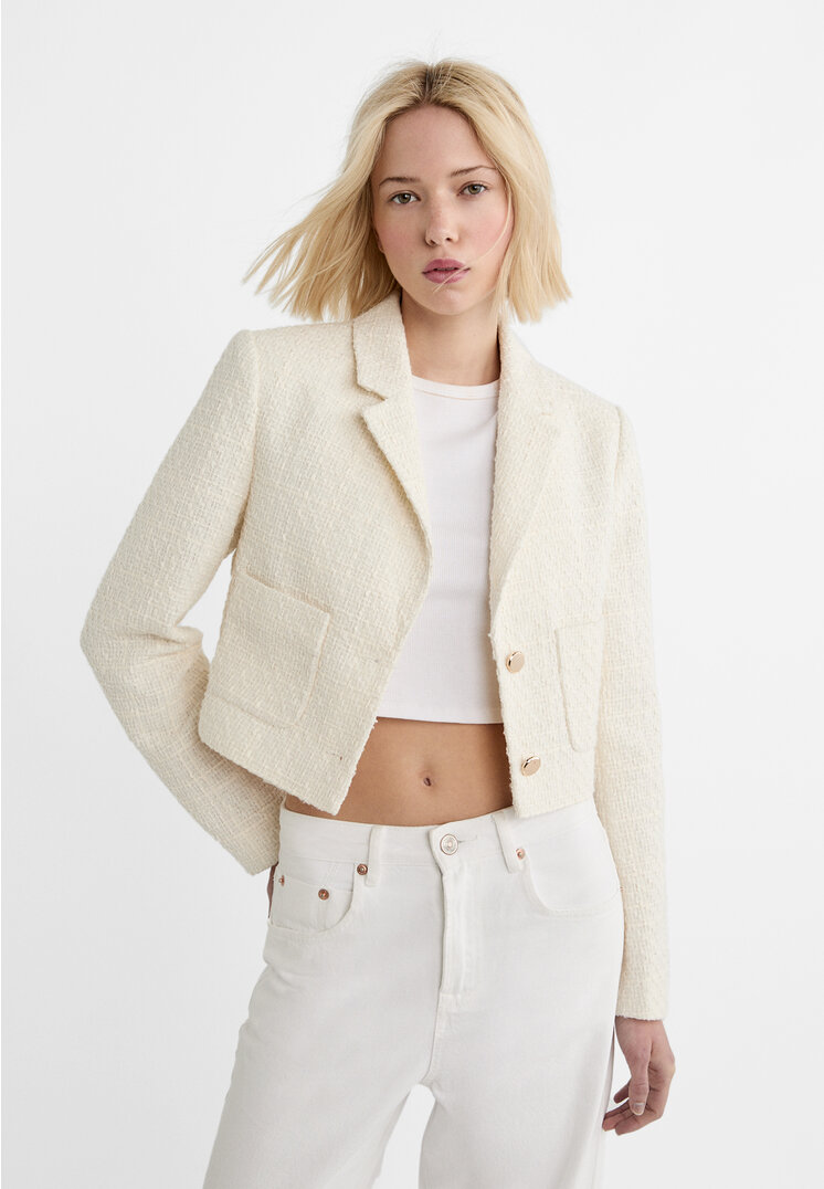 Stradivarius Blazer kurz Strukturmuster Taschen TRANSPARENT M