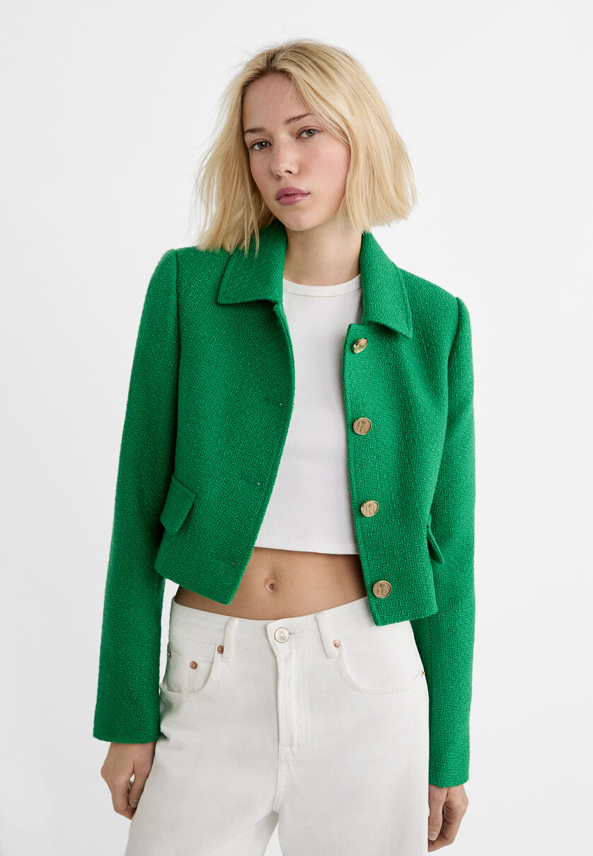 Cropped textured blazer with buttons