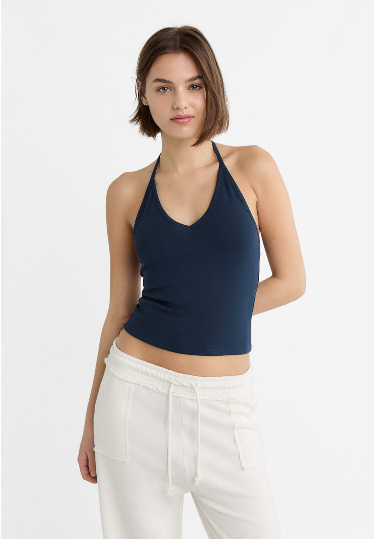 

Stradivarius Neckholder-Top mit Schleife Marineblau XL
