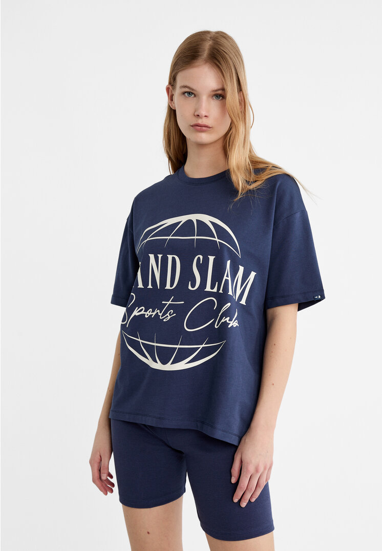 

Stradivarius Koszulka oversize z nadrukiem Grand Slam Morski XS