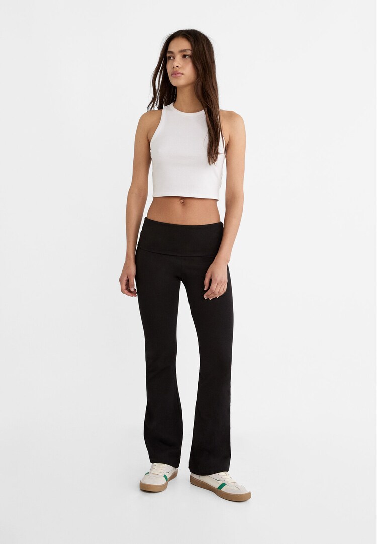 Stradivarius Ribbed Jersey Flare Trousers With Slit in Black