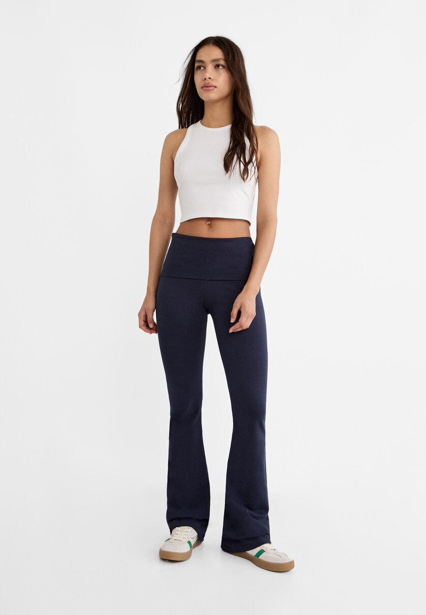 Stradivarius flare legging with fold over waist in black