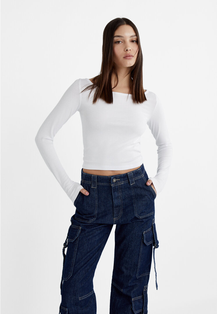 

Stradivarius Koszulka basic z dekoltem w łódkę Biały M