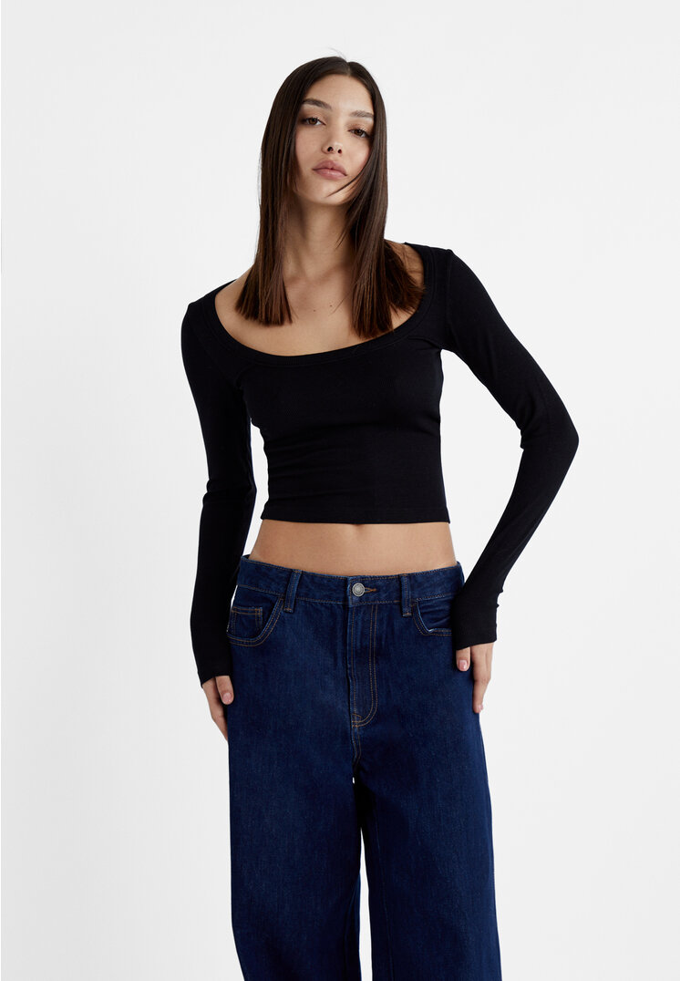 Stradivarius Shirt im Rippenstrick mit langen Ärmeln Schwarz XS