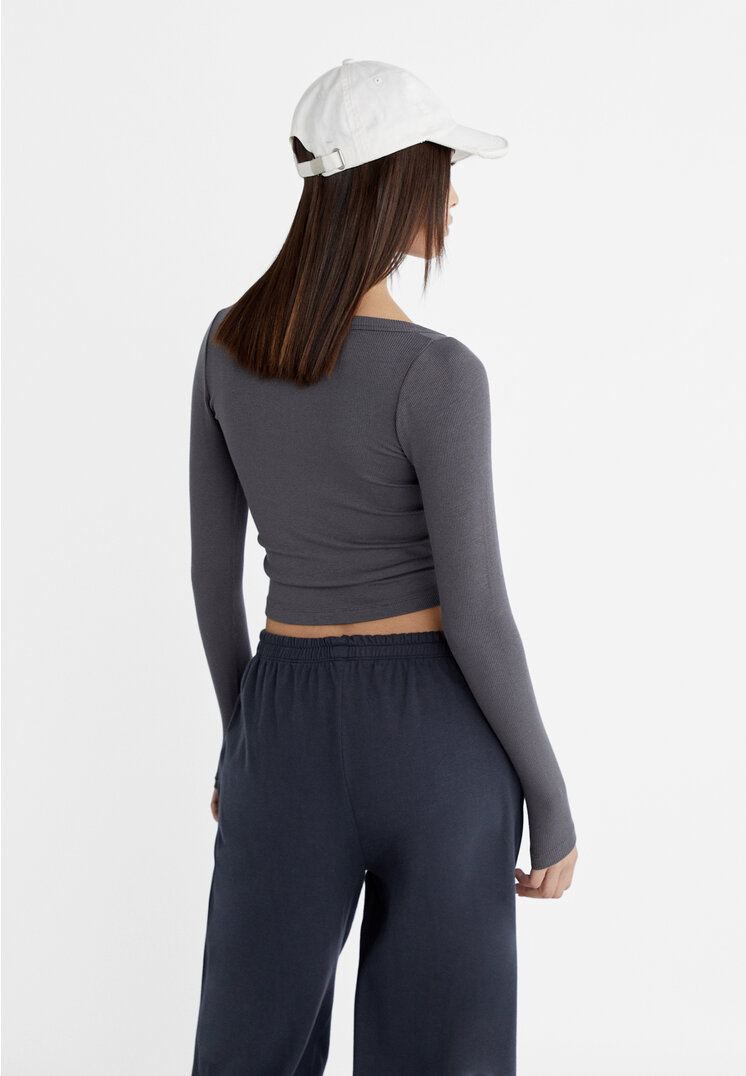 Stradivarius Maglietta canneté a maniche lunghe  Grigio S