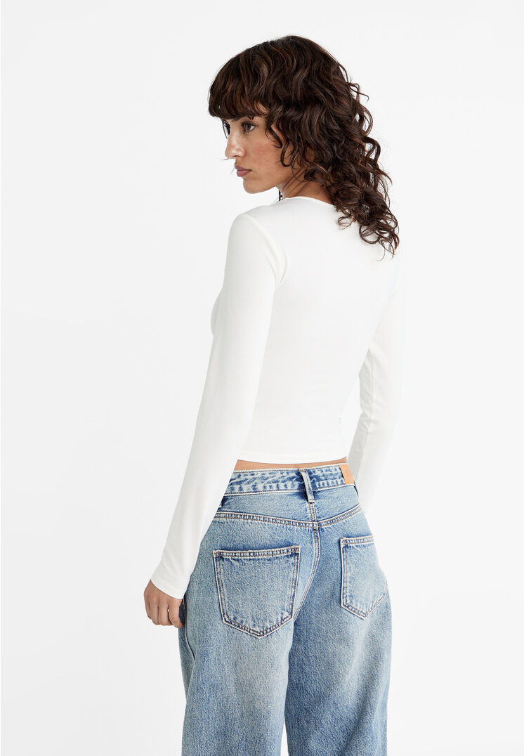 Stradivarius Long sleeve polyamide T-shirt  White M