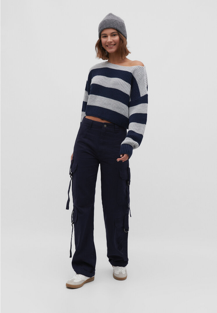 Stradivarius Striped knit jumper  Navy blue L