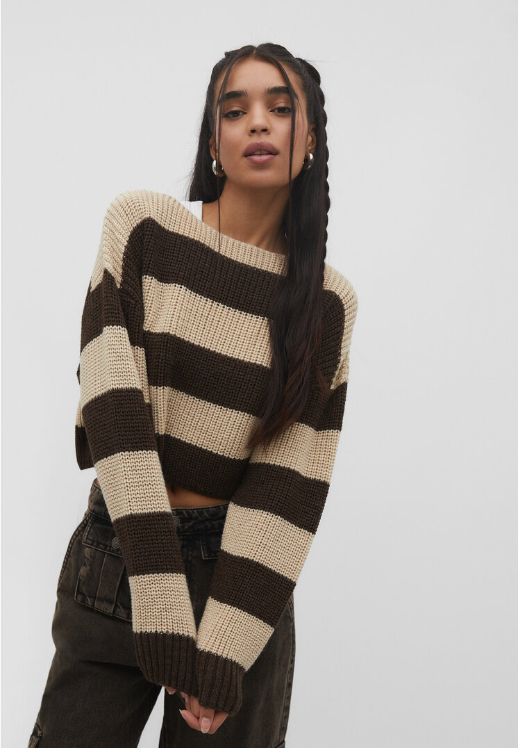 Stradivarius Strickpullover mit Streifen Braun XL