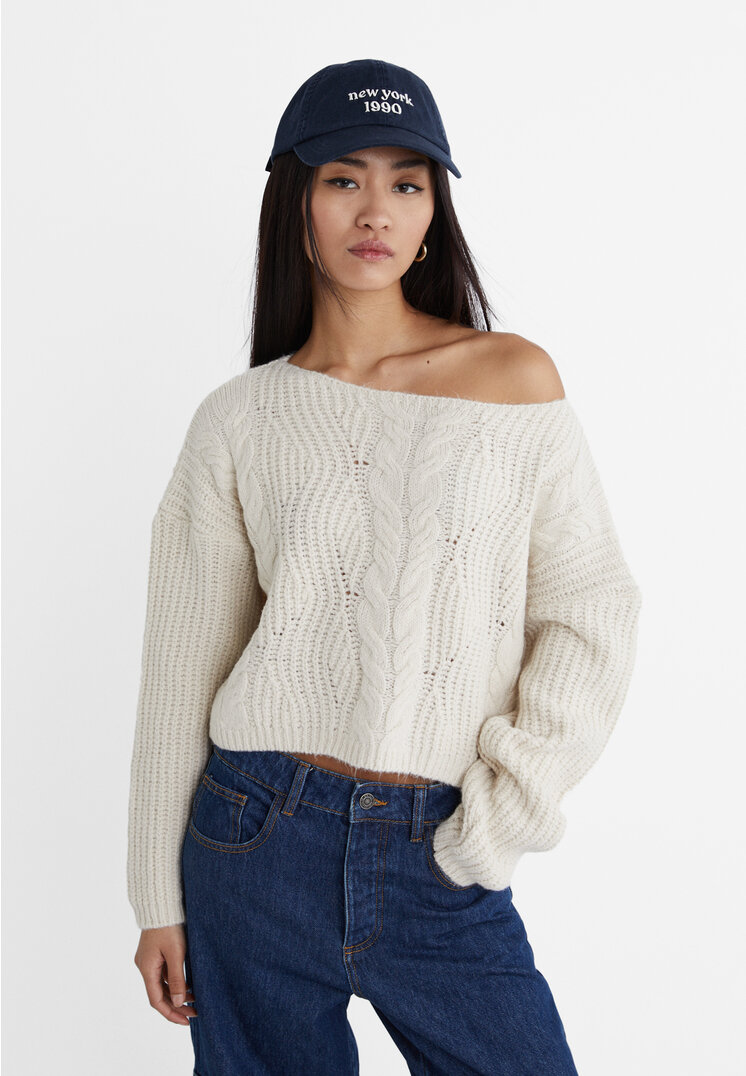 Stradivarius Strickpullover mit Zopfmuster Beige XS