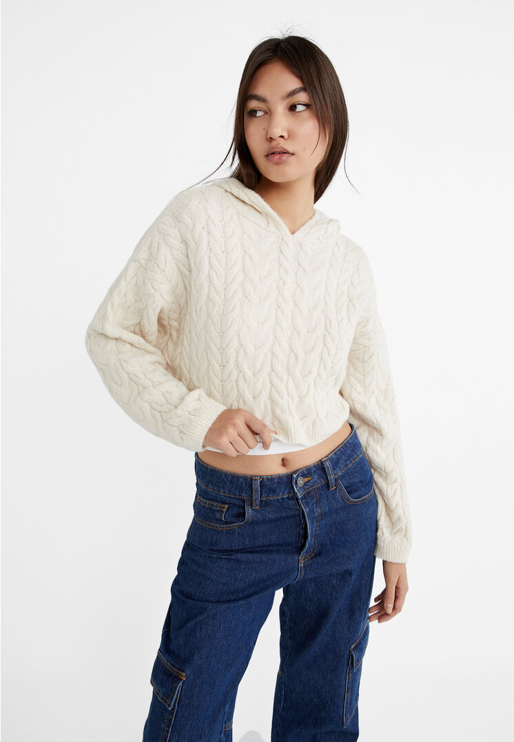 Stradivarius Cable-knit hooded sweater  Beige L