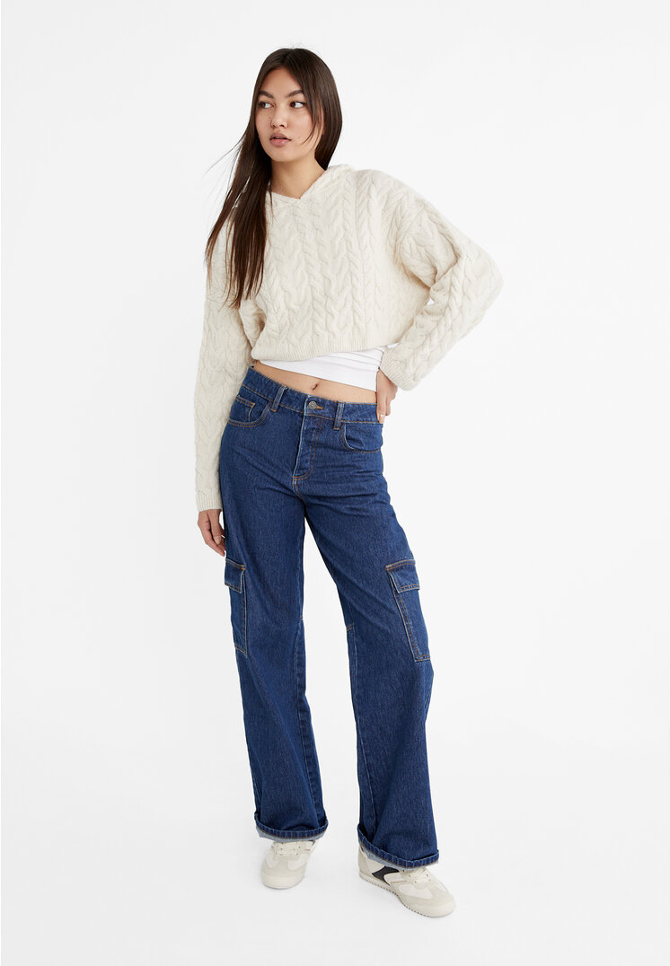 Stradivarius Cable-knit hooded sweater  Beige L