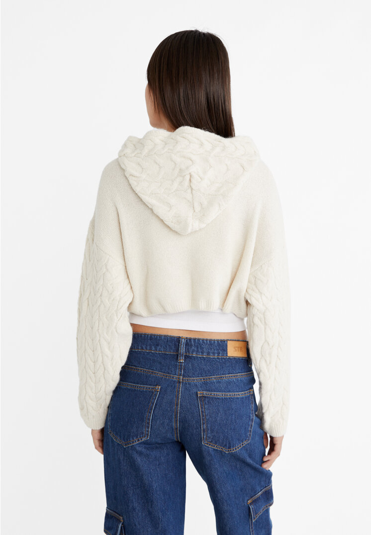 Stradivarius Cable-knit hooded sweater  Beige L