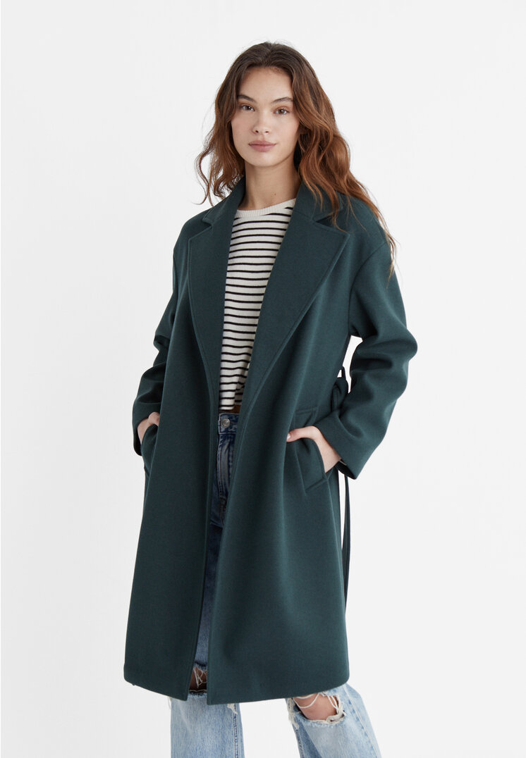 Stradivarius Cappotto tessuto morbido con cintura  Verde bottiglia XS