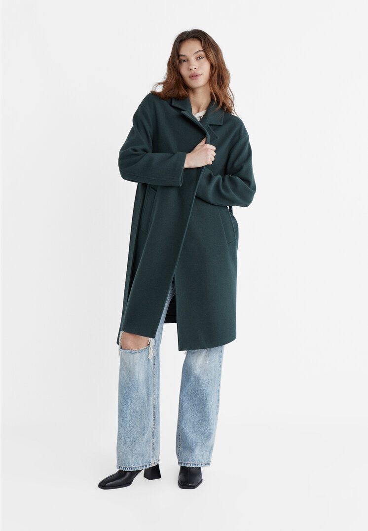 Stradivarius Cappotto tessuto morbido con cintura  Verde bottiglia XS