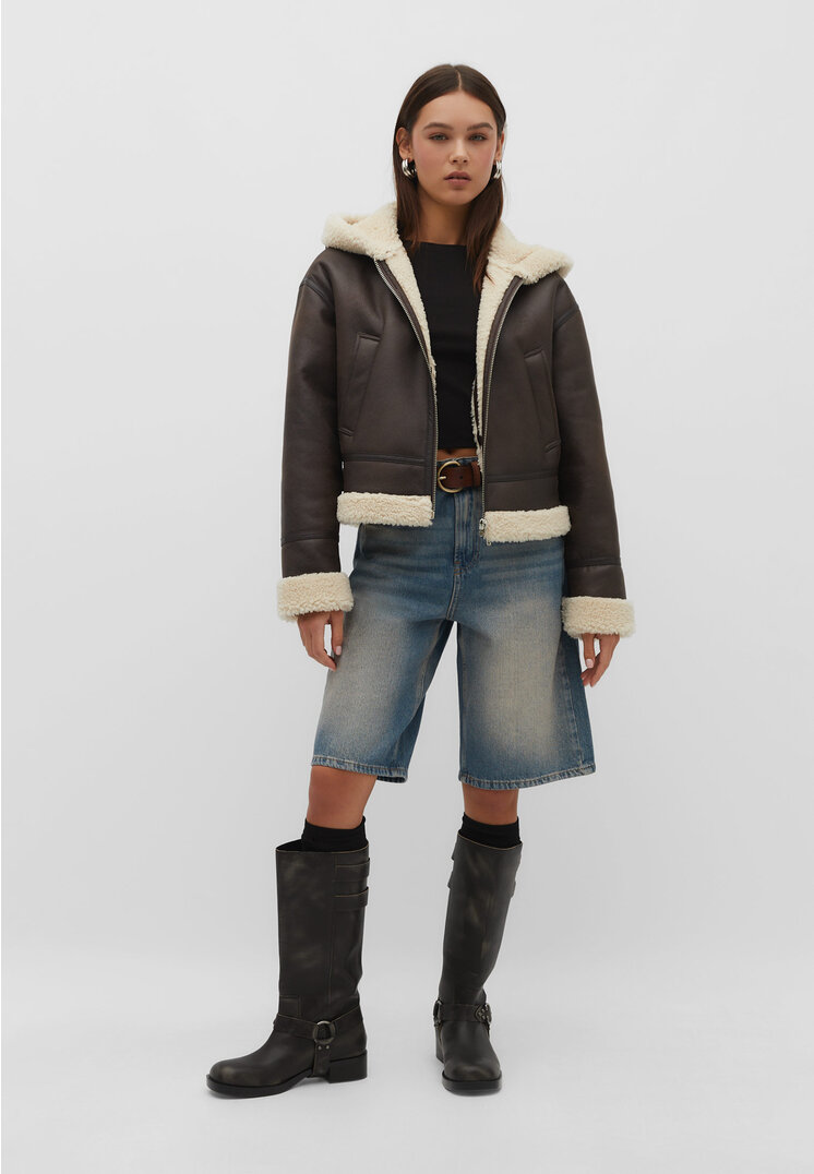 Stradivarius Giacca aviatore double face con cappuccio  Marrone XS