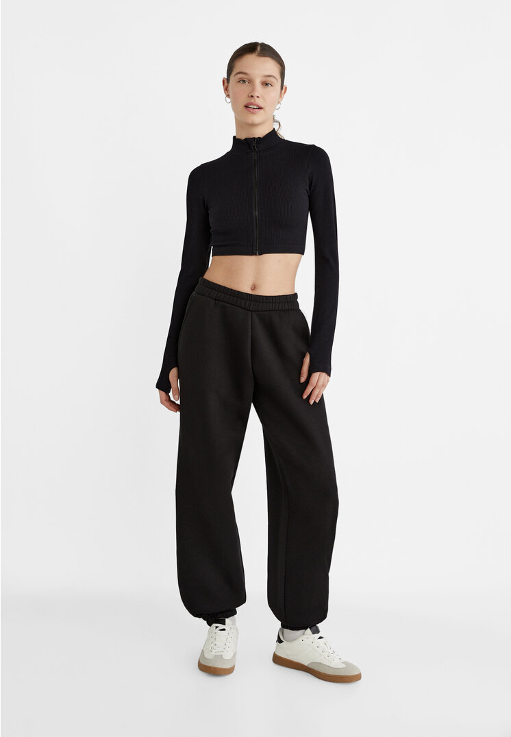 Stradivarius Boyfriend-Joggerhose aus Fleece Schwarz XS