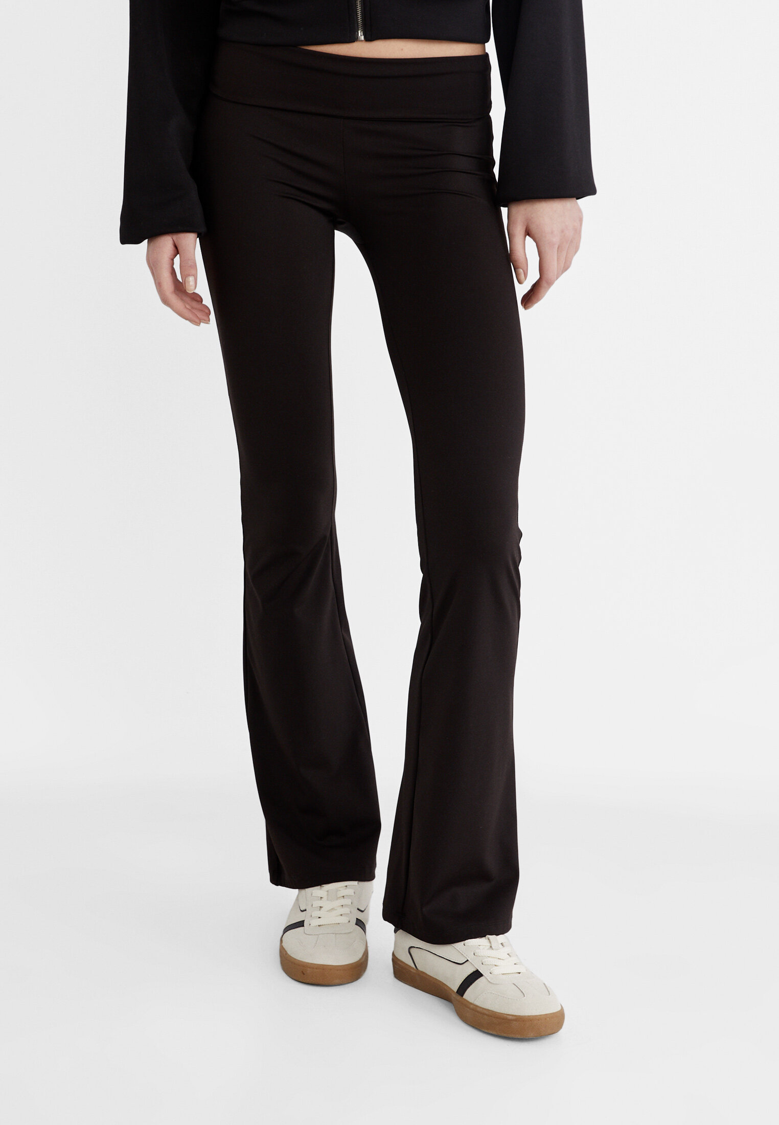 Stradivarius flare legging with fold over waist in black