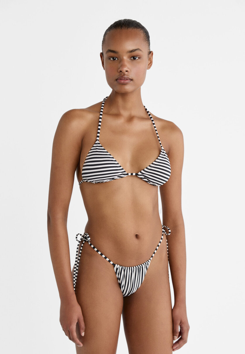 Striped curtain string triangle bikini top