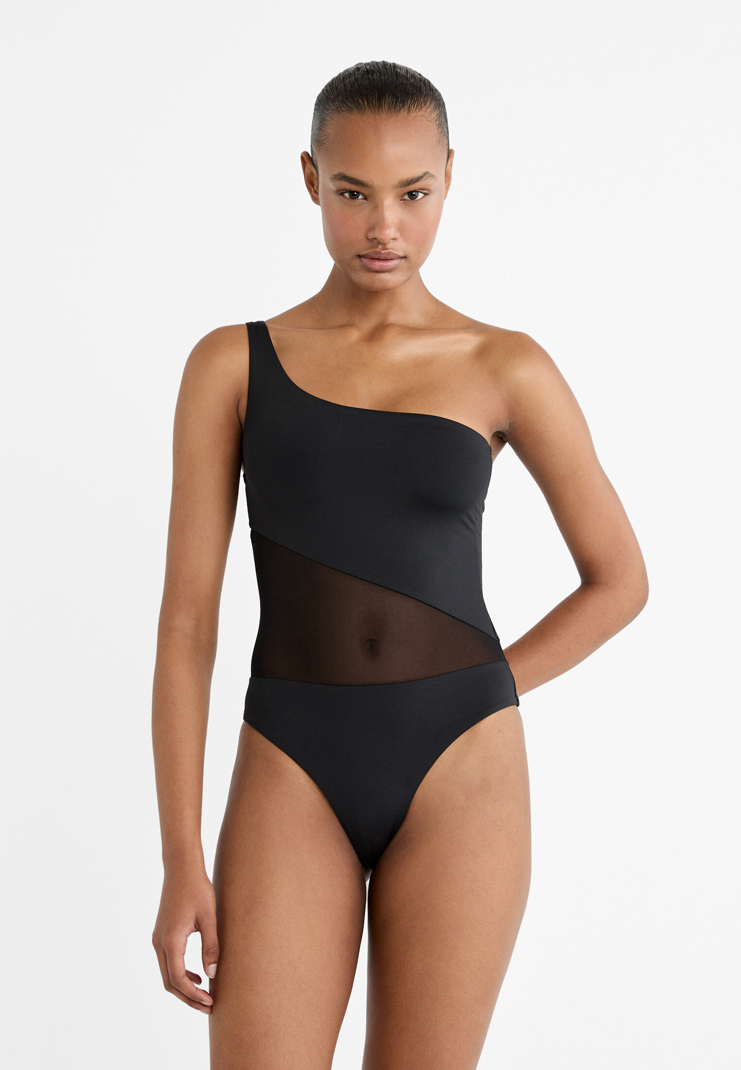 Asymmetric swimsuit with transparent detail