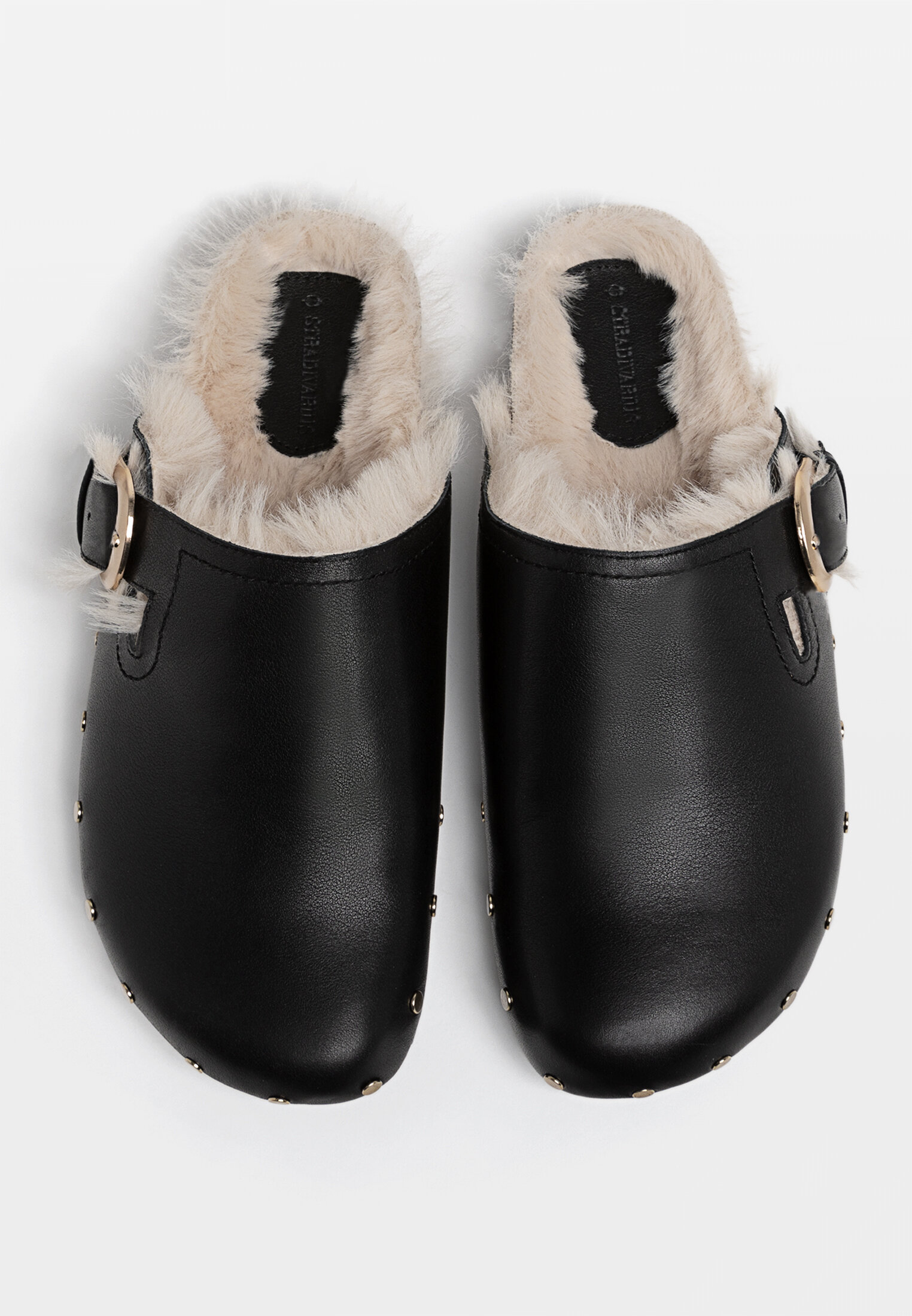 Leather clogs with buckles and faux fur Women s fashion
