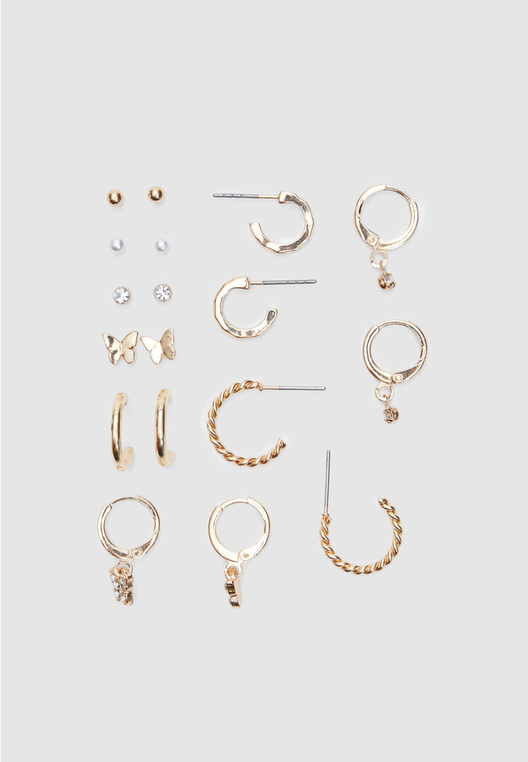 Stradivarius Set De 9 Perechi De Cercei Cu Fluture Și Rotunzi Auriu Os