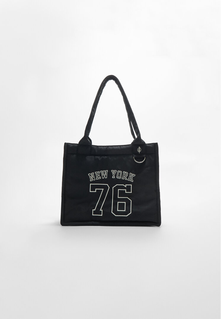 Stradivarius Geantă Din Material Textil Cu Fermoar Și Număr Negru Os