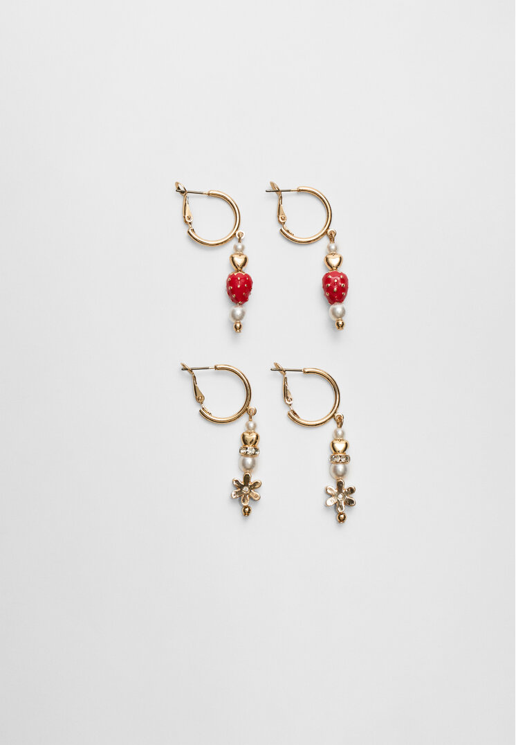 set 2 pendientes fresa y flor