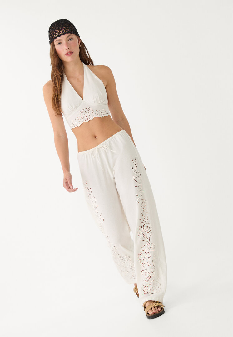 pantalon fluido bordado con lino