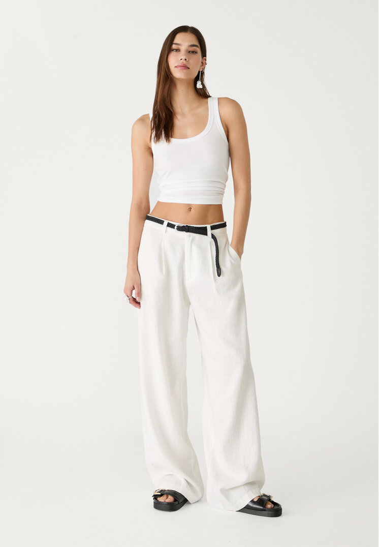 Stradivarius Pantaloni Cu In Și Curea Ecru 36