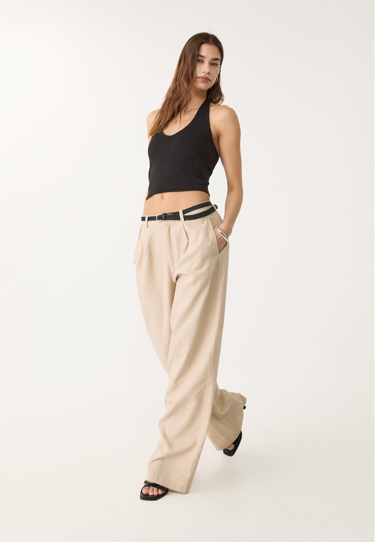 Stradivarius Pantaloni Cu In Și Curea Bej 34