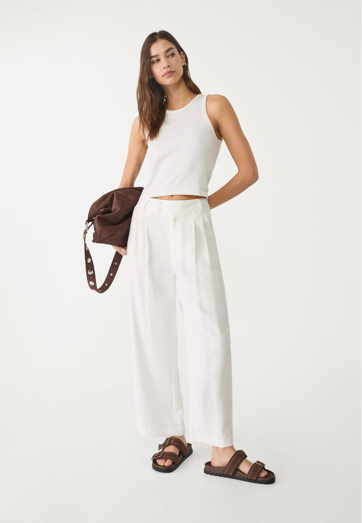 Stradivarius Pantaloni Culotte Cu Pliuri Ecru 38