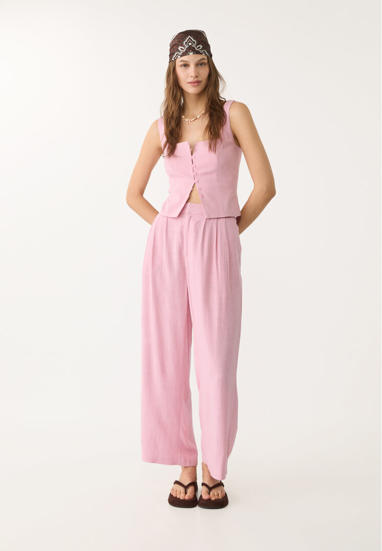 pantalon culotte pinzas con lino