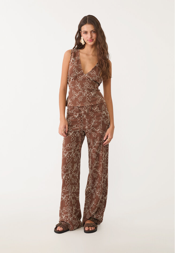 pantalon straight bordados con lino