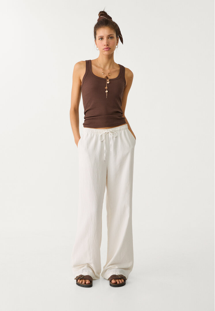 Stradivarius Pantaloni Lungi Vaporoși Cu In Ecru Xl