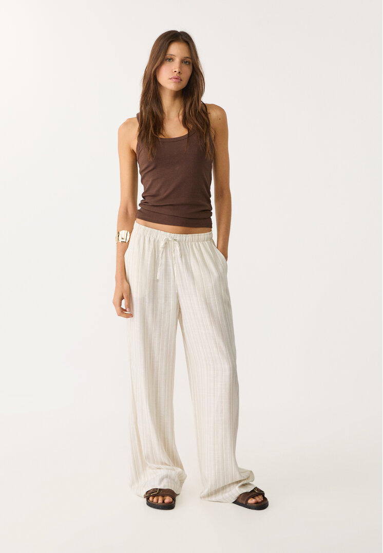pantalon largo fluido con lino rayas