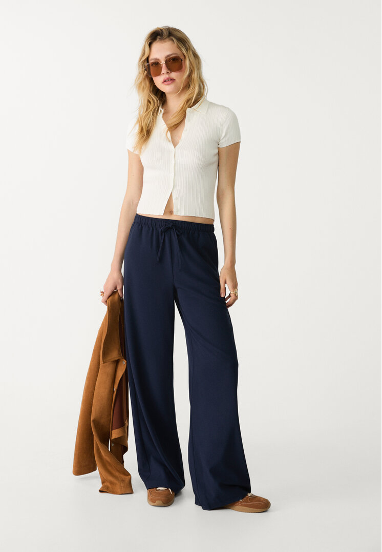 Stradivarius Pantaloni Lungi Eleganți Fluizi Albastru Închis M