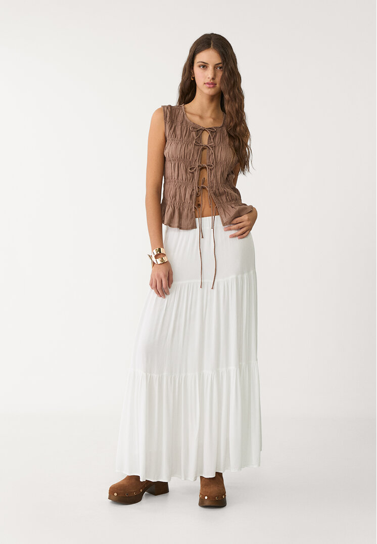 Stradivarius Fustă Midi Boho Alb S